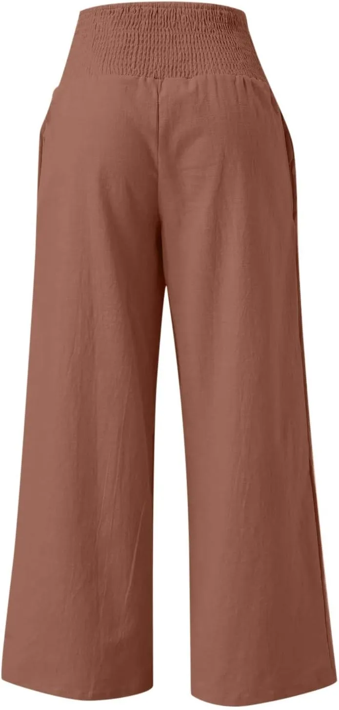 Boho Linen Palazzo Pants for Women Wide Leg Summer Lounge Pant Beach Vacation Casual Elastic High Waisted Trousers