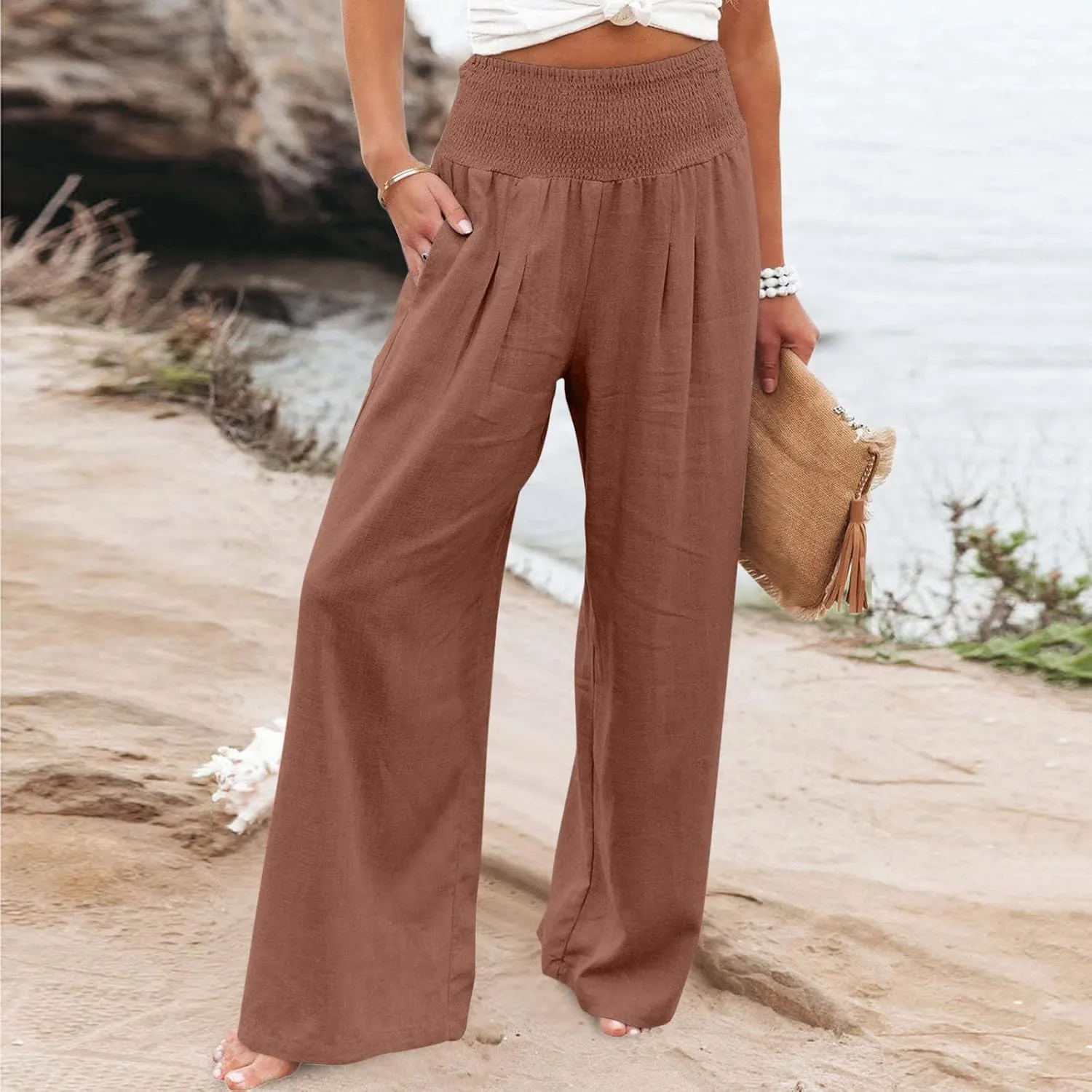 Boho Linen Palazzo Pants for Women Wide Leg Summer Lounge Pant Beach Vacation Casual Elastic High Waisted Trousers
