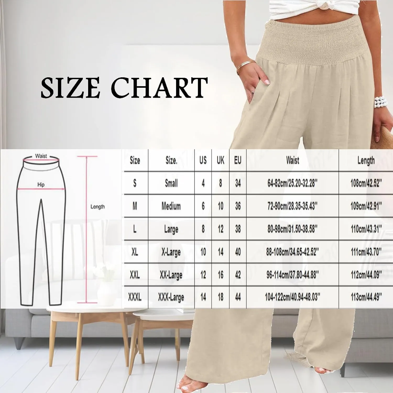 Boho Linen Palazzo Pants for Women Wide Leg Summer Lounge Pant Beach Vacation Casual Elastic High Waisted Trousers