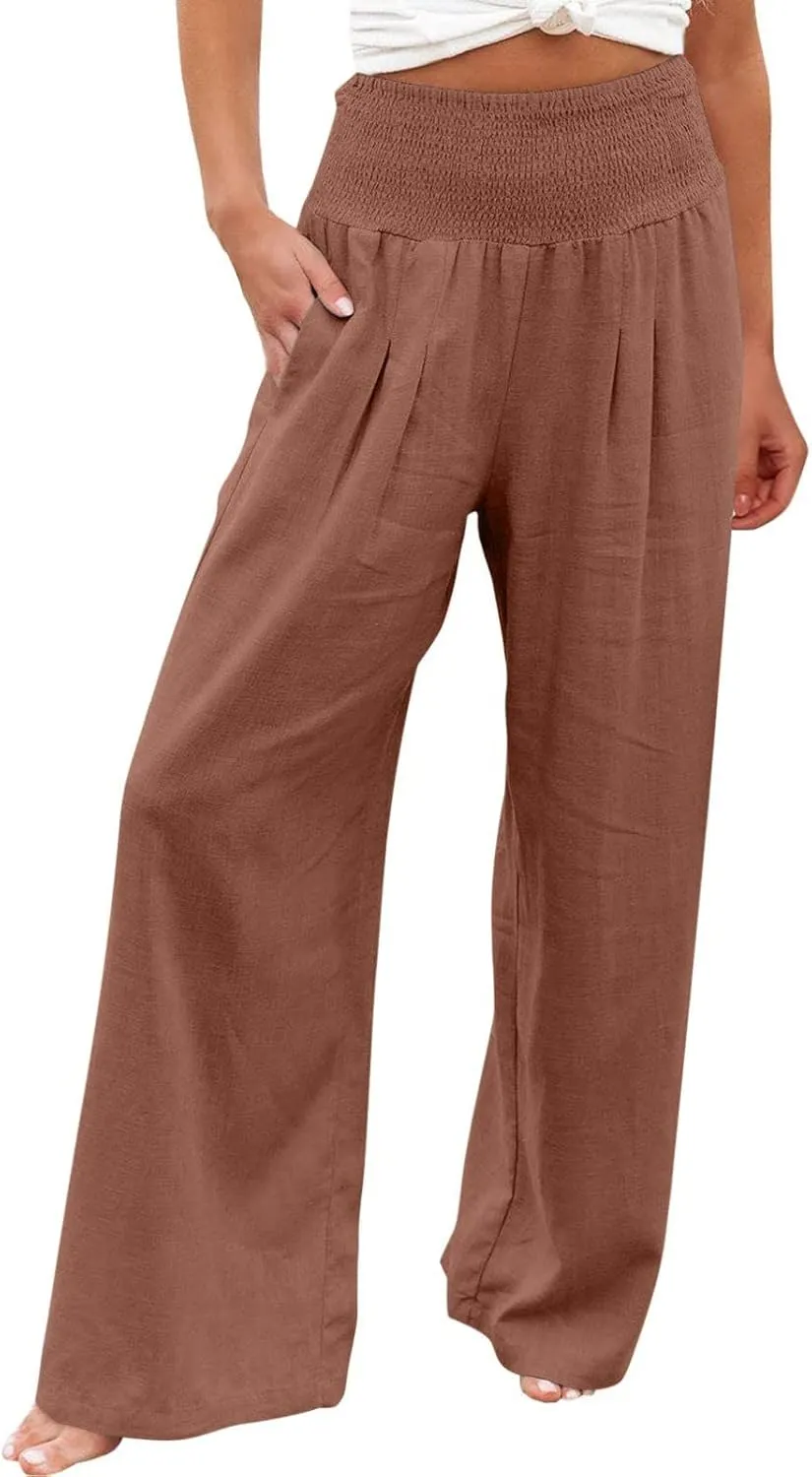 Boho Linen Palazzo Pants for Women Wide Leg Summer Lounge Pant Beach Vacation Casual Elastic High Waisted Trousers