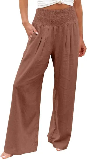 Boho Linen Palazzo Pants for Women Wide Leg Summer Lounge Pant Beach Vacation Casual Elastic High Waisted Trousers