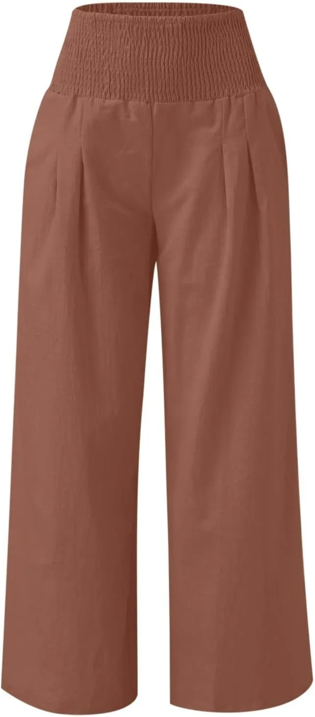 Boho Linen Palazzo Pants for Women Wide Leg Summer Lounge Pant Beach Vacation Casual Elastic High Waisted Trousers