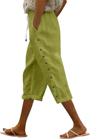 Boho Linen Pants for Women 2025 Women's Fashion Solid Color Cotton Linen Elastic Pants Beach Casual Trousers