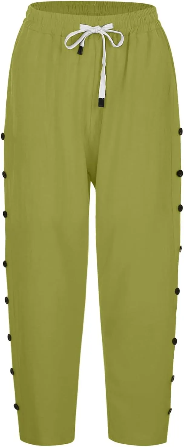 Boho Linen Pants for Women 2025 Women's Fashion Solid Color Cotton Linen Elastic Pants Beach Casual Trousers