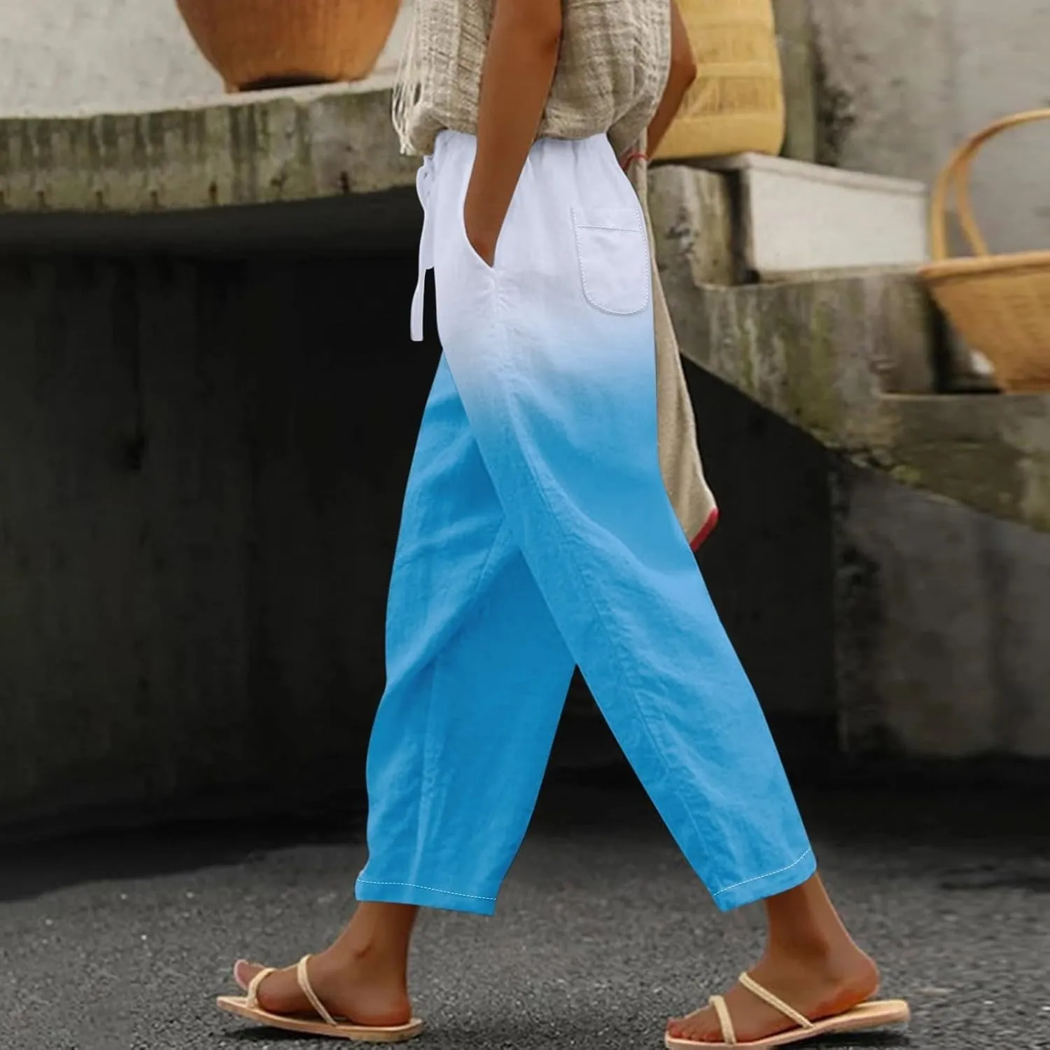 Boho Summer Capris for Women Linen Cropped Pants with Adjustable Drawstring Wide Leg 2025 Travel Casual