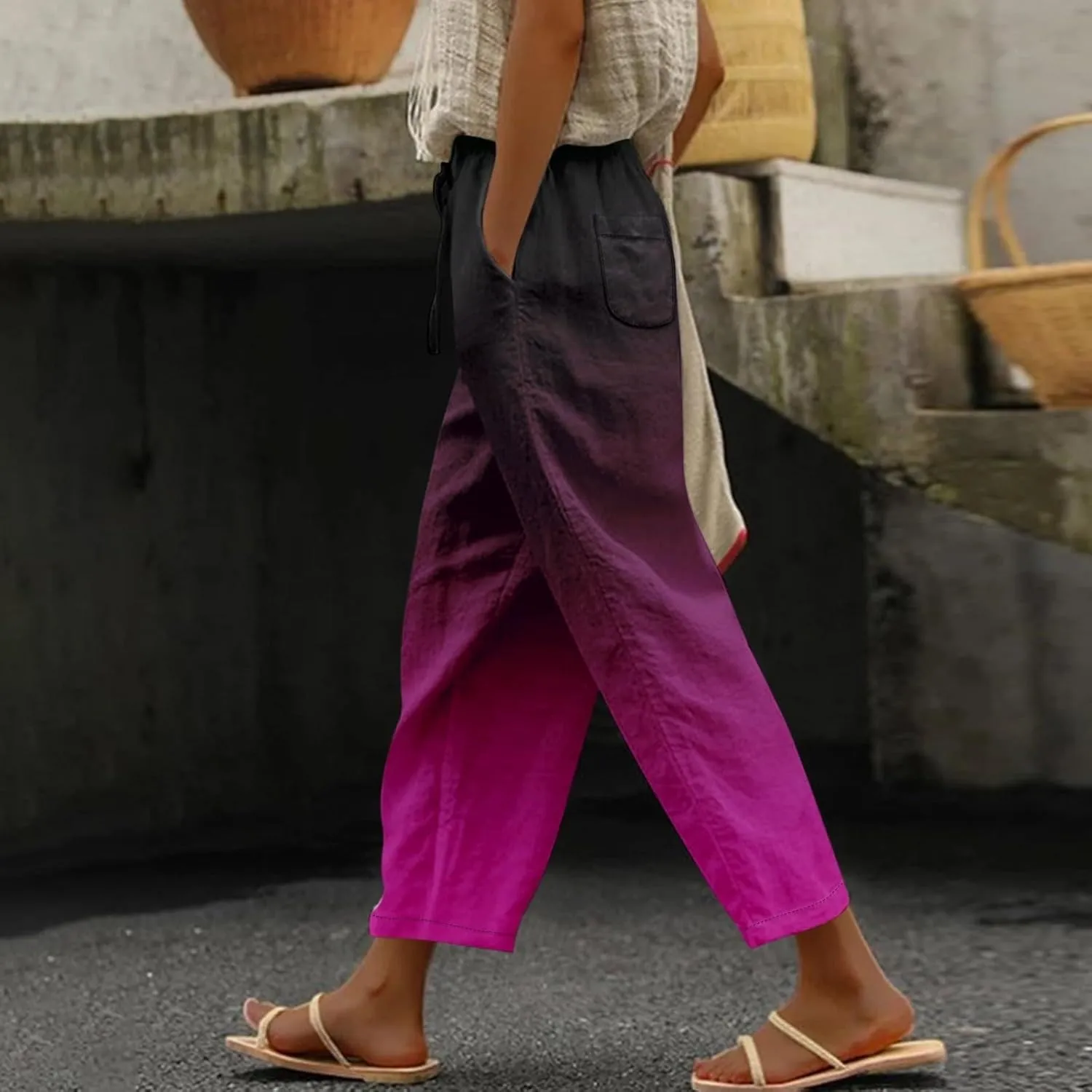 Boho Summer Capris for Women Linen Cropped Pants with Adjustable Drawstring Wide Leg 2025 Travel Casual