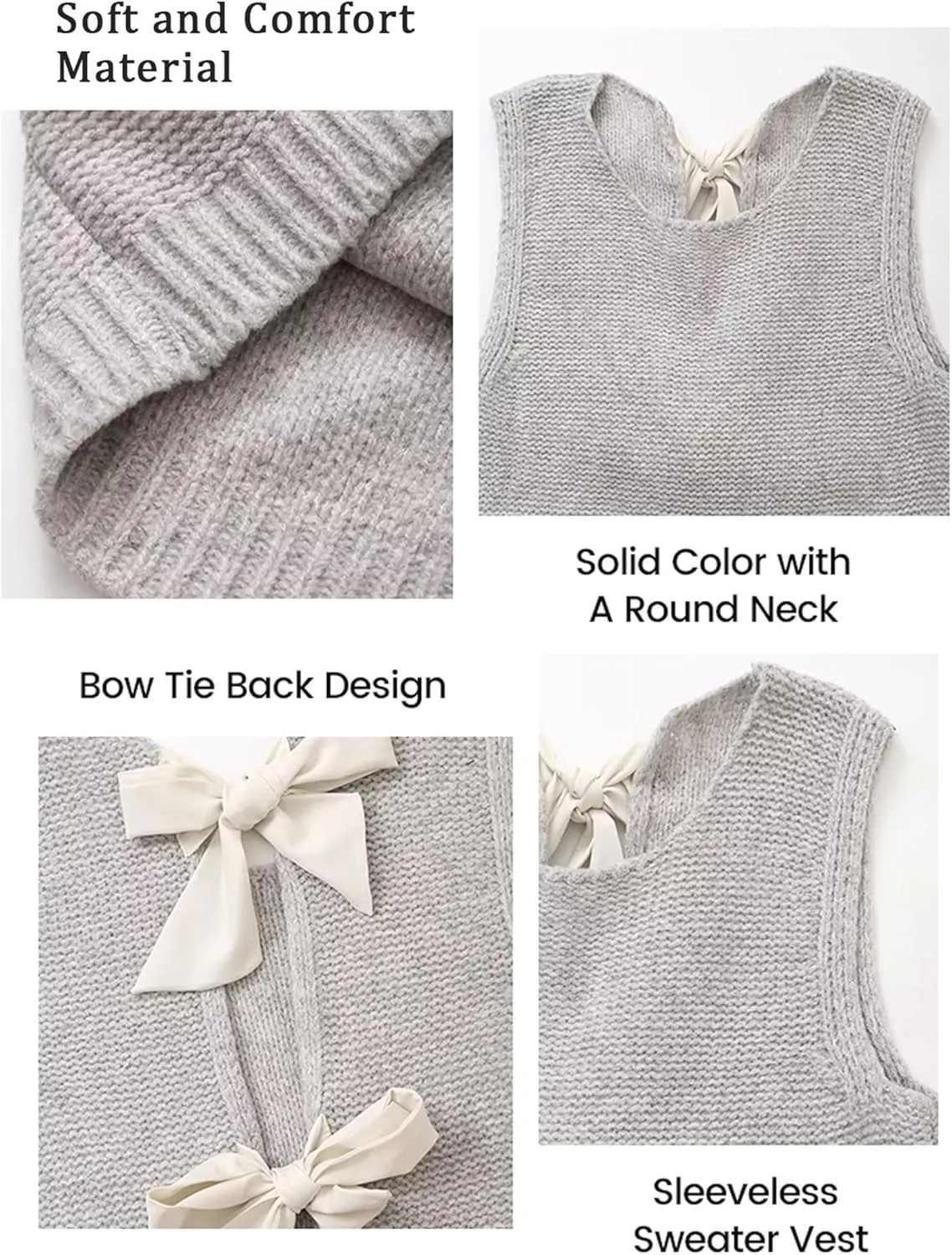 Bow Tie Back Sweater Vest for Women, Y2k Sweater Vest Top Casual Crop Knit Cardigan Vest, Crewneck Sleeveless Knit Vest
