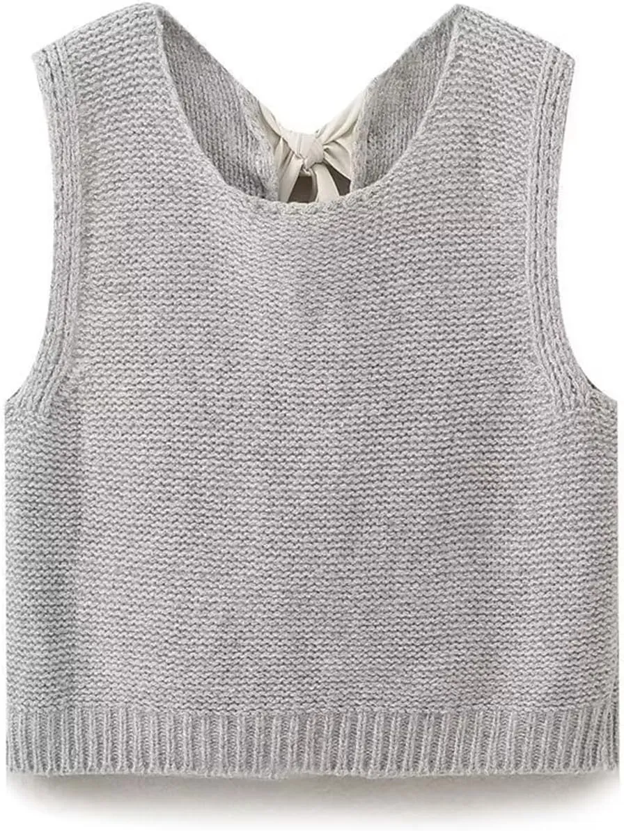 Bow Tie Back Sweater Vest for Women, Y2k Sweater Vest Top Casual Crop Knit Cardigan Vest, Crewneck Sleeveless Knit Vest