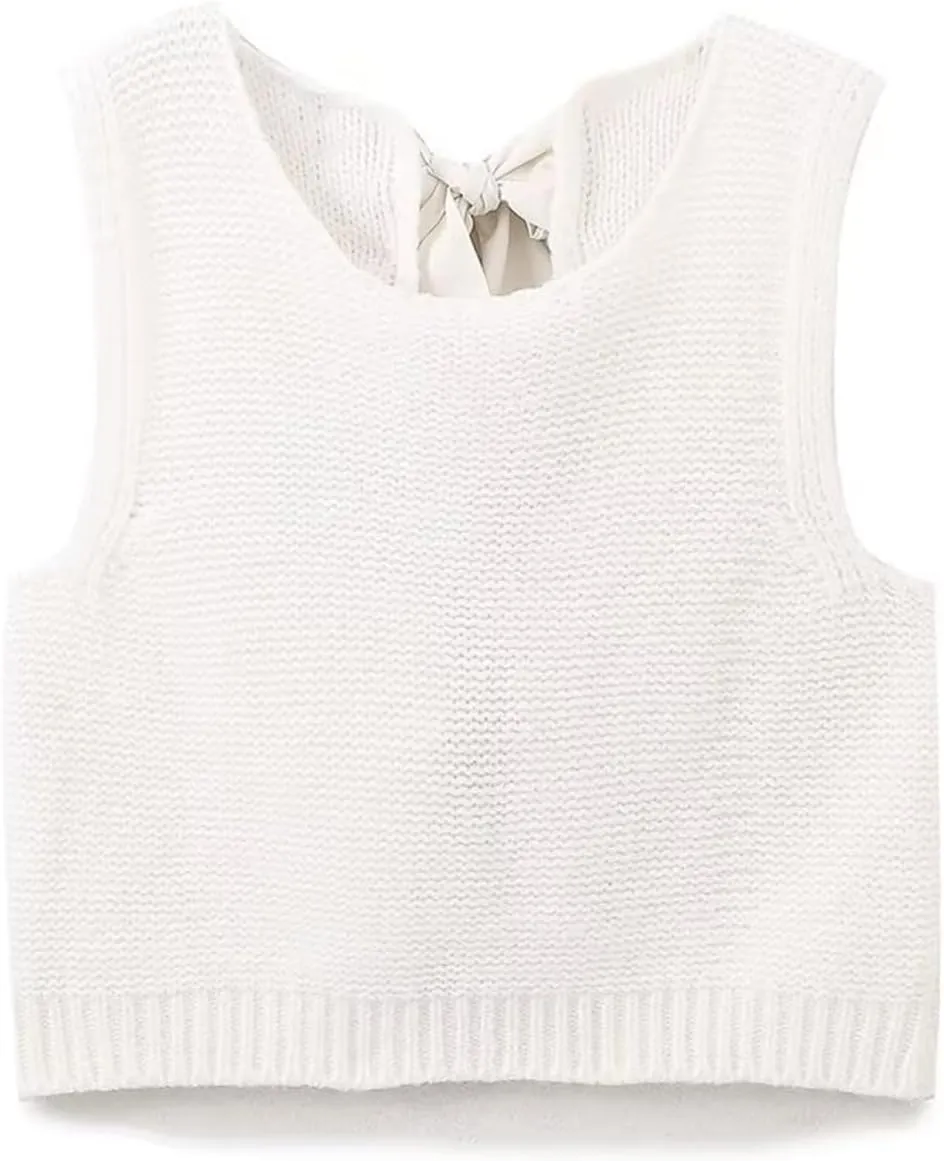 Bow Tie Back Sweater Vest for Women, Y2k Sweater Vest Top Casual Crop Knit Cardigan Vest, Crewneck Sleeveless Knit Vest