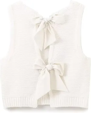 Bow Tie Back Sweater Vest for Women, Y2k Sweater Vest Top Casual Crop Knit Cardigan Vest, Crewneck Sleeveless Knit Vest