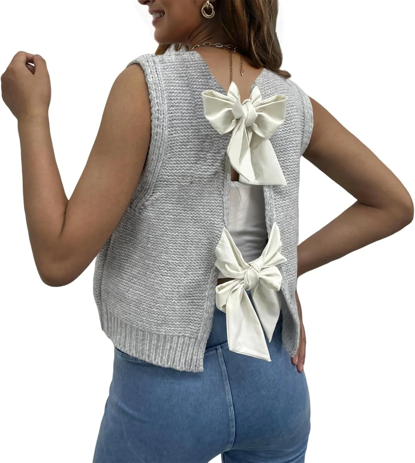 Bow Tie Back Sweater Vest for Women, Y2k Sweater Vest Top Casual Crop Knit Cardigan Vest, Crewneck Sleeveless Knit Vest