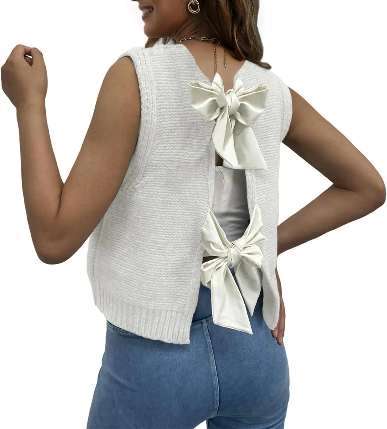 Bow Tie Back Sweater Vest for Women, Y2k Sweater Vest Top Casual Crop Knit Cardigan Vest, Crewneck Sleeveless Knit Vest