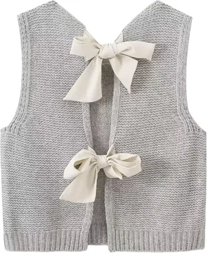 Bow Tie Back Sweater Vest for Women, Y2k Sweater Vest Top Casual Crop Knit Cardigan Vest, Crewneck Sleeveless Knit Vest
