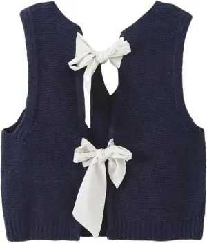 Bow Tie Back Sweater Vest for Women, Y2k Sweater Vest Top Casual Crop Knit Cardigan Vest, Crewneck Sleeveless Knit Vest