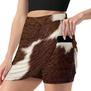Brown and White Cow Hide Women's Mini Tennis Skirt with Shorts Underneath Athletic Workout Cute Skorts