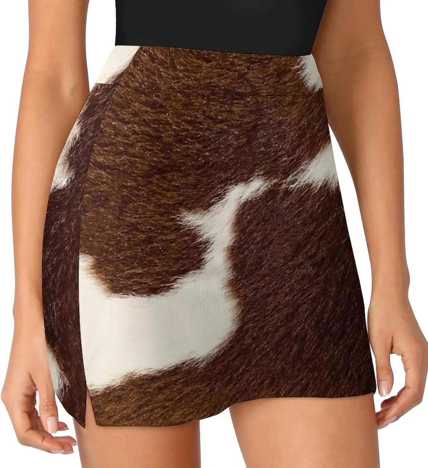 Brown and White Cow Hide Women's Mini Tennis Skirt with Shorts Underneath Athletic Workout Cute Skorts