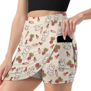 Bunny Rabbit with Vegetables Women's Mini Tennis Skirt with Shorts Underneath Athletic Workout Cute Skorts
