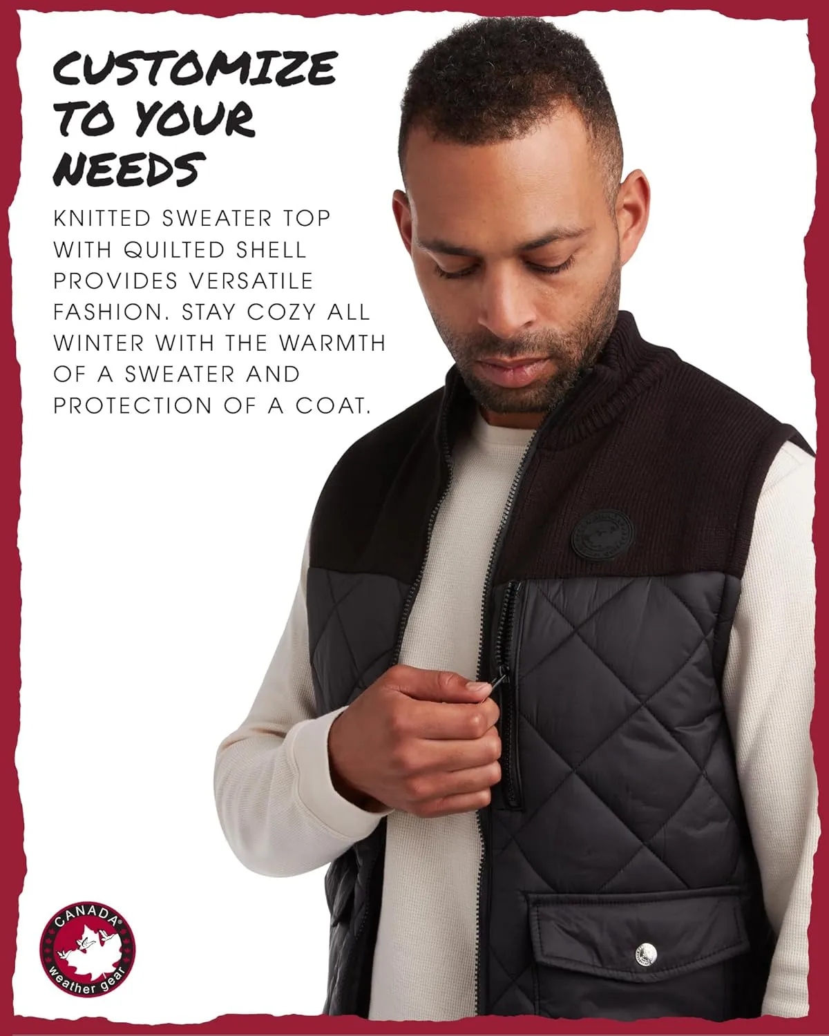 CANADA WEATHER GEAR Men's Vest - Zip Up Sweater Yoke Front and Back Quilted Warm Vest for Men - Men's Outerwear Vests (M-XXL)