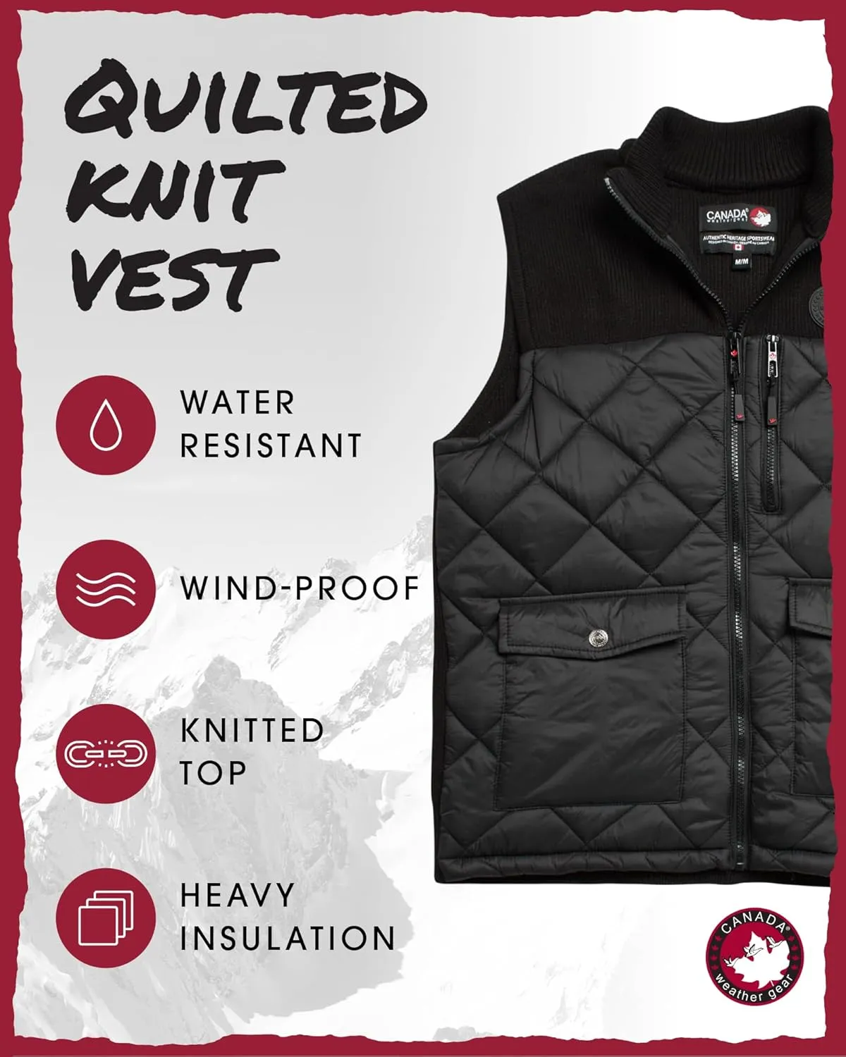 CANADA WEATHER GEAR Men's Vest - Zip Up Sweater Yoke Front and Back Quilted Warm Vest for Men - Men's Outerwear Vests (M-XXL)