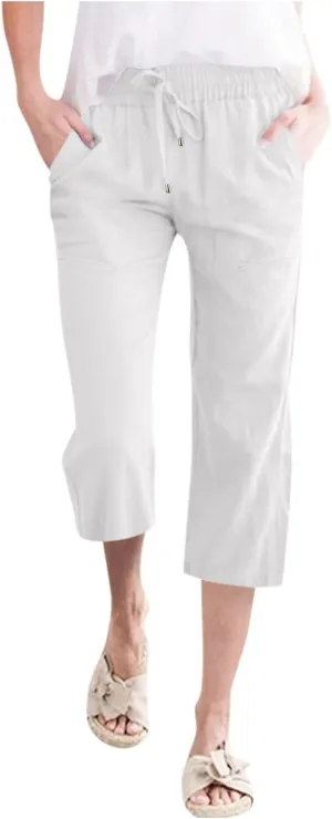 Capri Pants for Women Casual Summer Drawstring Elastic Waist Linen Pants Straight Wide Leg Pocket Cropped Trouser