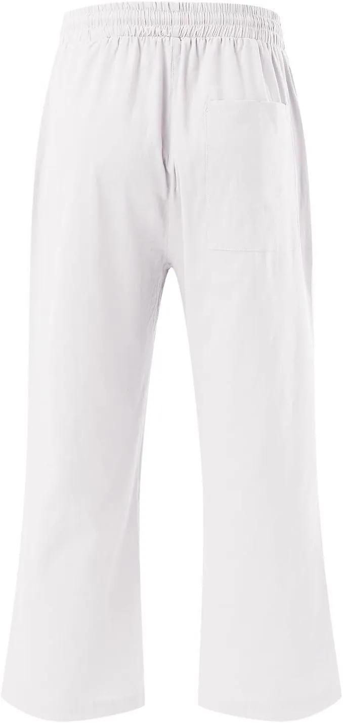 Capri Pants for Women Casual Summer Drawstring Elastic Waist Linen Pants Straight Wide Leg Pocket Cropped Trouser