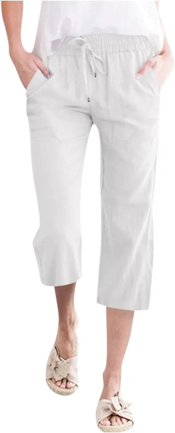 Capri Pants for Women Casual Summer Drawstring Elastic Waist Linen Pants Straight Wide Leg Pocket Cropped Trouser