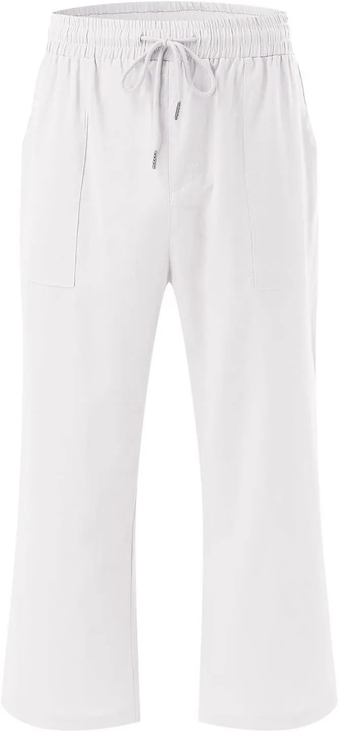 Capri Pants for Women Casual Summer Drawstring Elastic Waist Linen Pants Straight Wide Leg Pocket Cropped Trouser