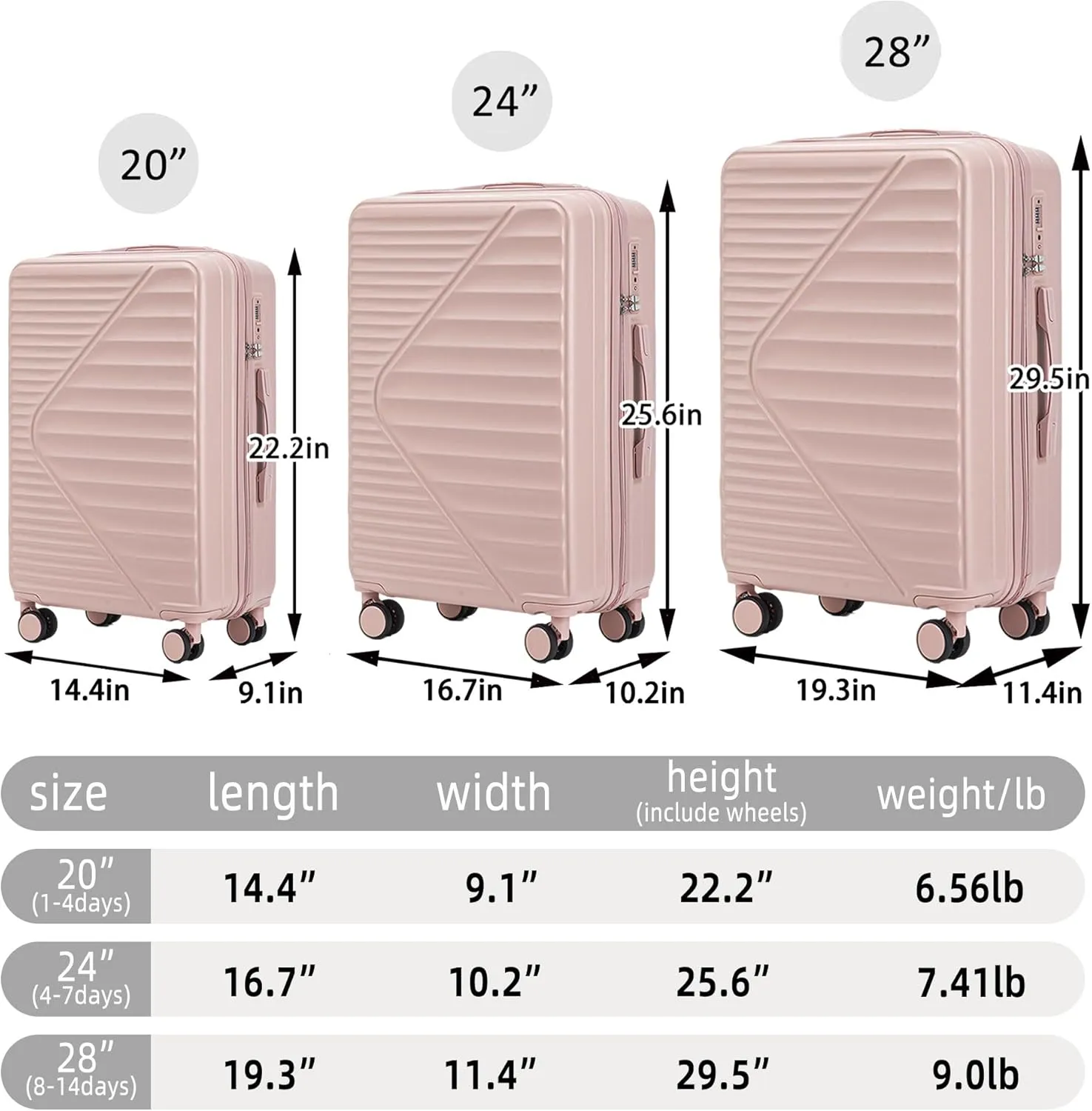 Carry On 3-Piece Hardshell Luggage Set (20/24/28 Inch) ABS Spinner Wheel, Portable Lightweight Expandable Hardside Travel Away Suitcase with TSA Combination Lock, Pink
