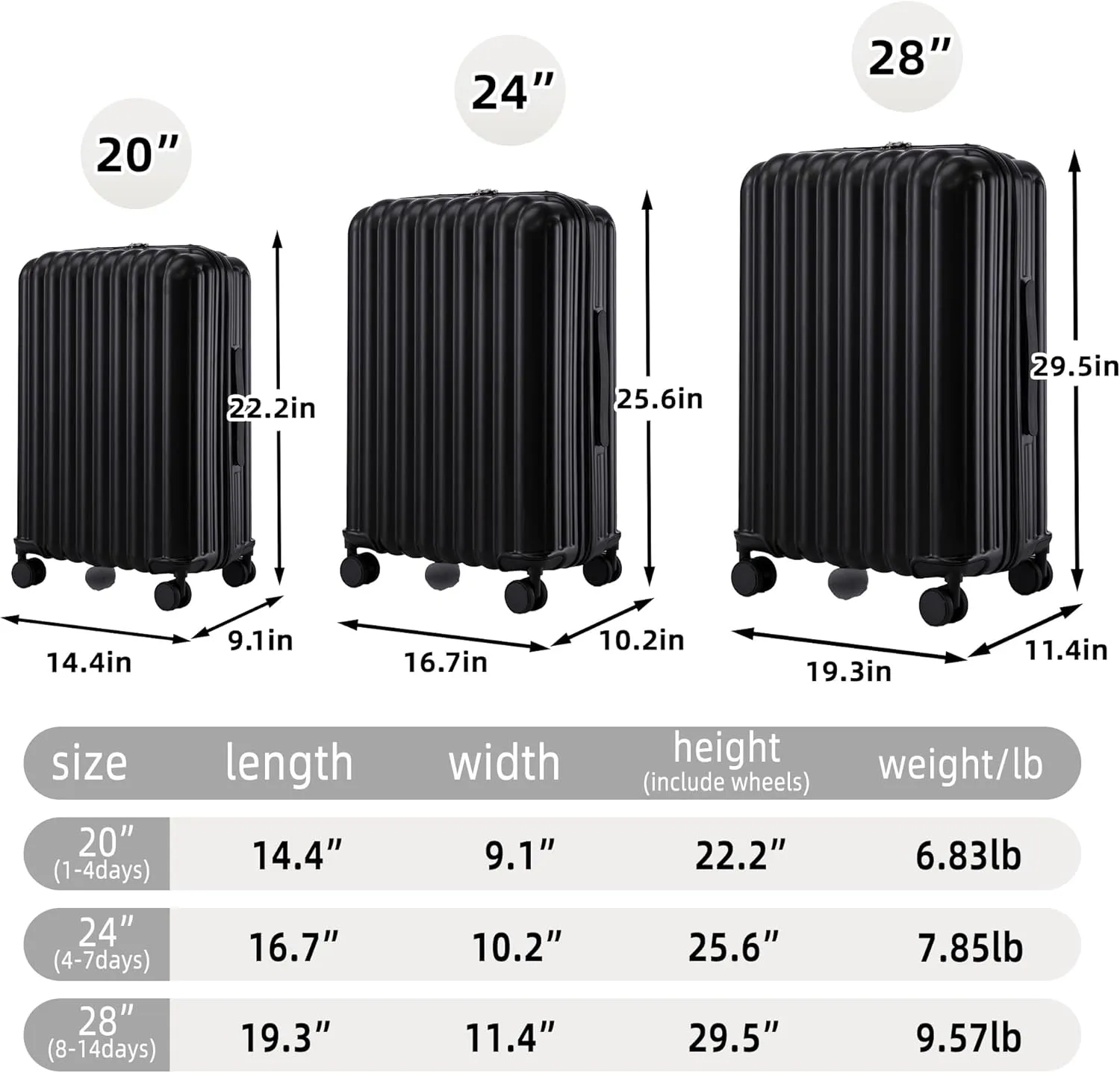 Carry On 3 Piece Hardshell Luggage Set with Cup Phone Holder, USB Port, Portable Lightweight Expandable Hardside Travel Suitcase with ABS Spinner Wheel, TSA Lock, (20/24/28 Inch), Black