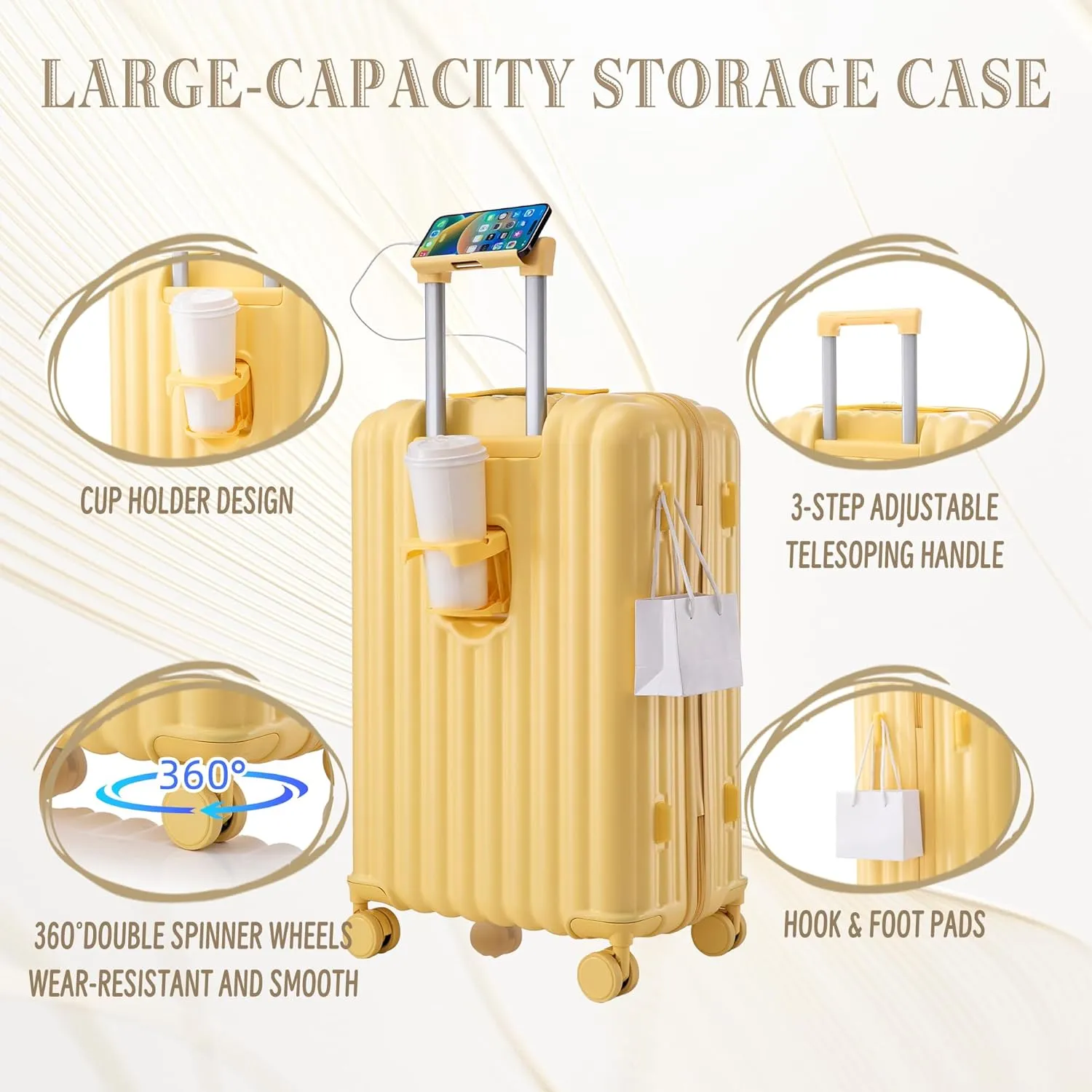 Carry On 3 Piece Hardshell Luggage Set with Cup Phone Holder, USB Port, Portable Lightweight Expandable Hardside Travel Suitcase with ABS Spinner Wheel, TSA Lock, (20/24/28 Inch), Yellow