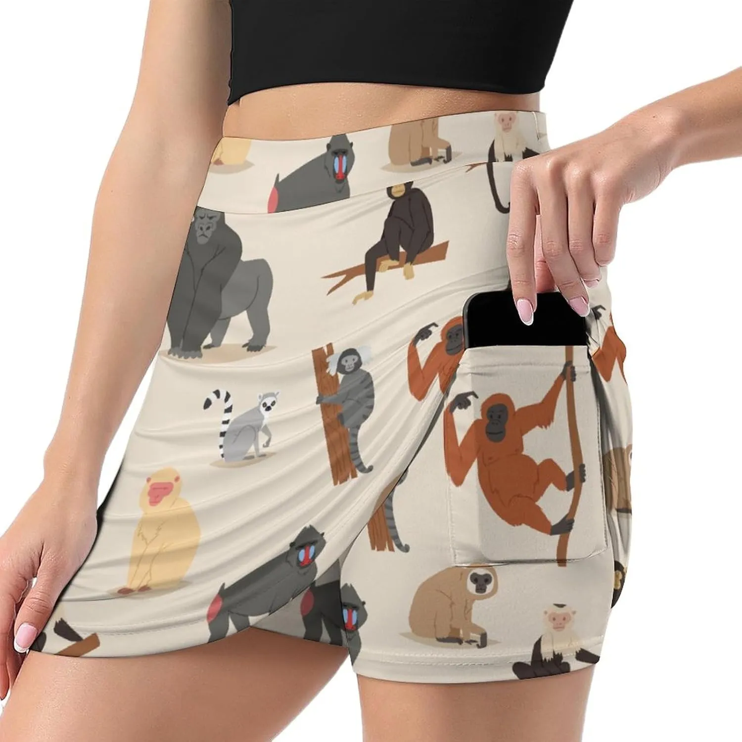 Cartoon Style of Monkeys Women's Mini Tennis Skirt with Shorts Underneath Athletic Workout Cute Skorts