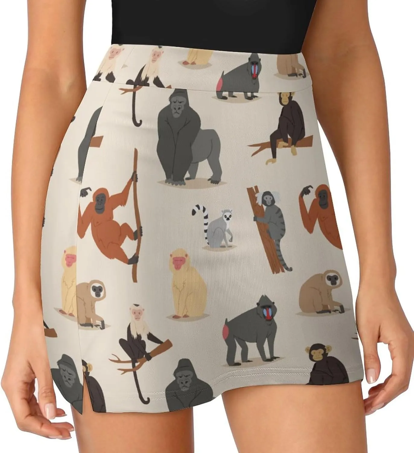 Cartoon Style of Monkeys Women's Mini Tennis Skirt with Shorts Underneath Athletic Workout Cute Skorts