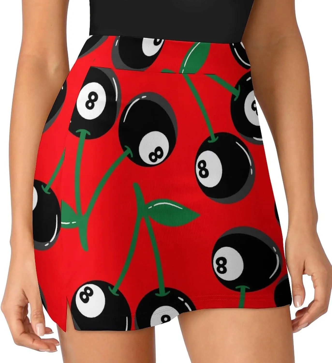 Cherry with Billiards 8 Ball Pattern Women's Mini Tennis Skirt with Shorts Underneath Athletic Workout Cute Skorts