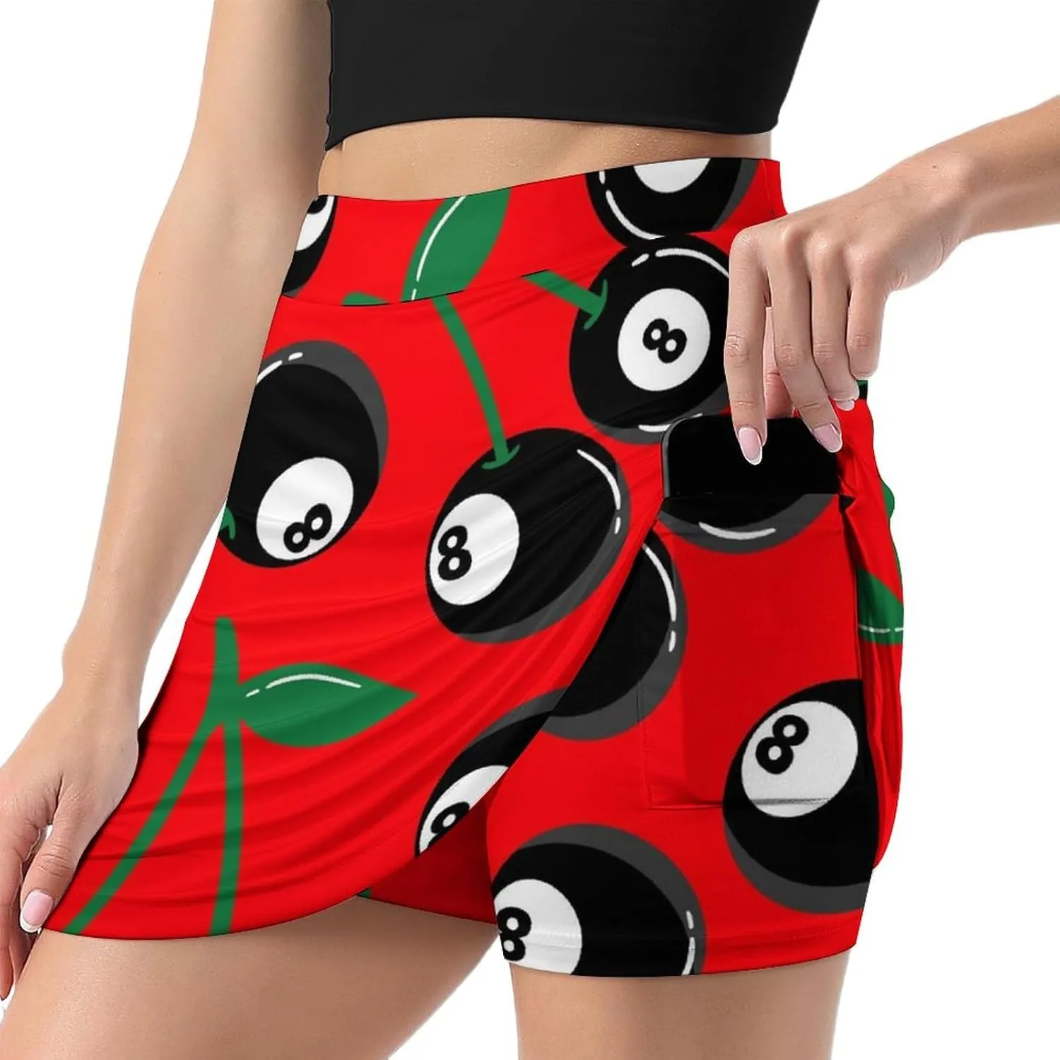 Cherry with Billiards 8 Ball Pattern Women's Mini Tennis Skirt with Shorts Underneath Athletic Workout Cute Skorts