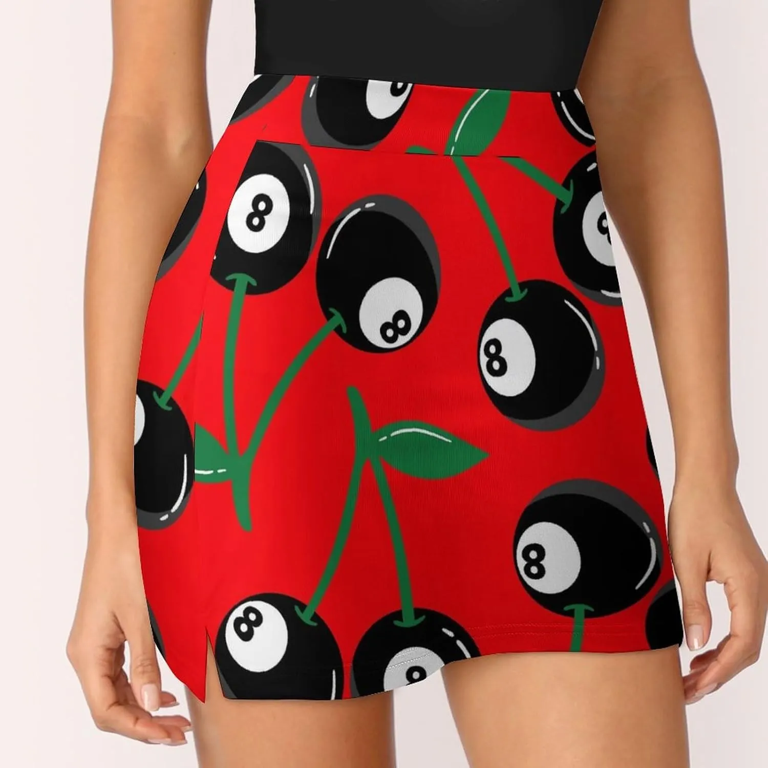 Cherry with Billiards 8 Ball Pattern Women's Mini Tennis Skirt with Shorts Underneath Athletic Workout Cute Skorts