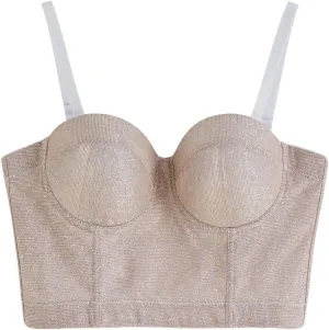CHICWISH Women Dazzling Shiny Bustier Crop Top Summer Sexy Push Up Croset Bra Top Going Out Party Camisoles Tops Apricot