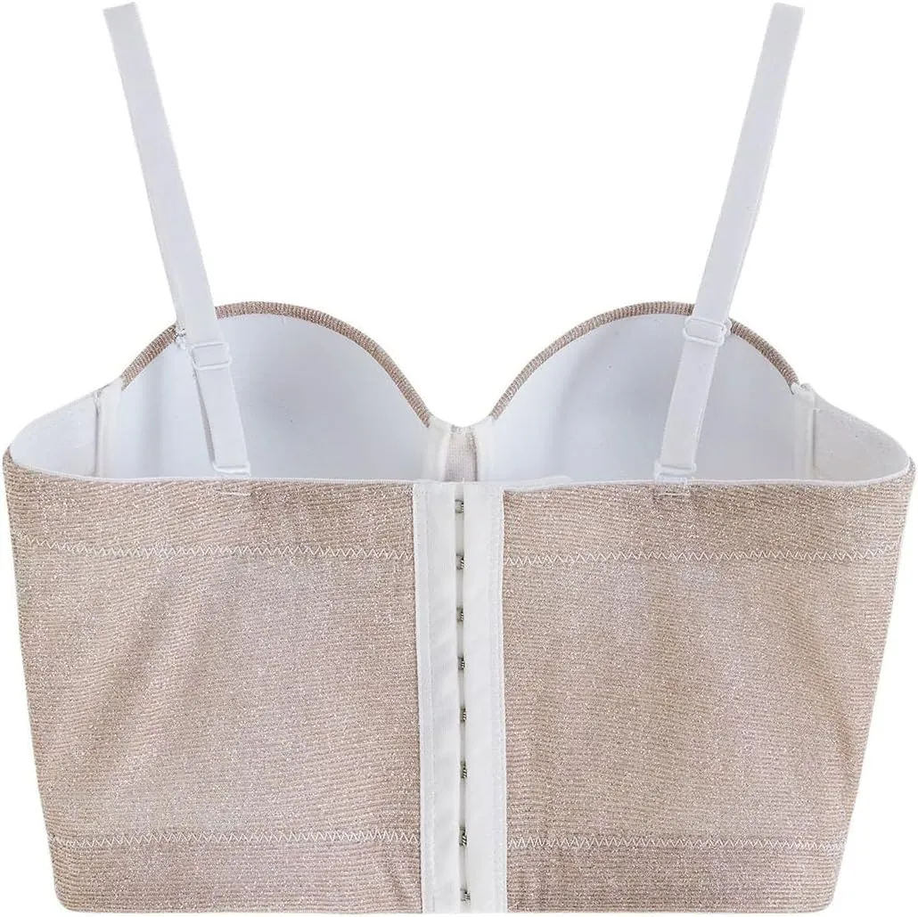 CHICWISH Women Dazzling Shiny Bustier Crop Top Summer Sexy Push Up Croset Bra Top Going Out Party Camisoles Tops Apricot