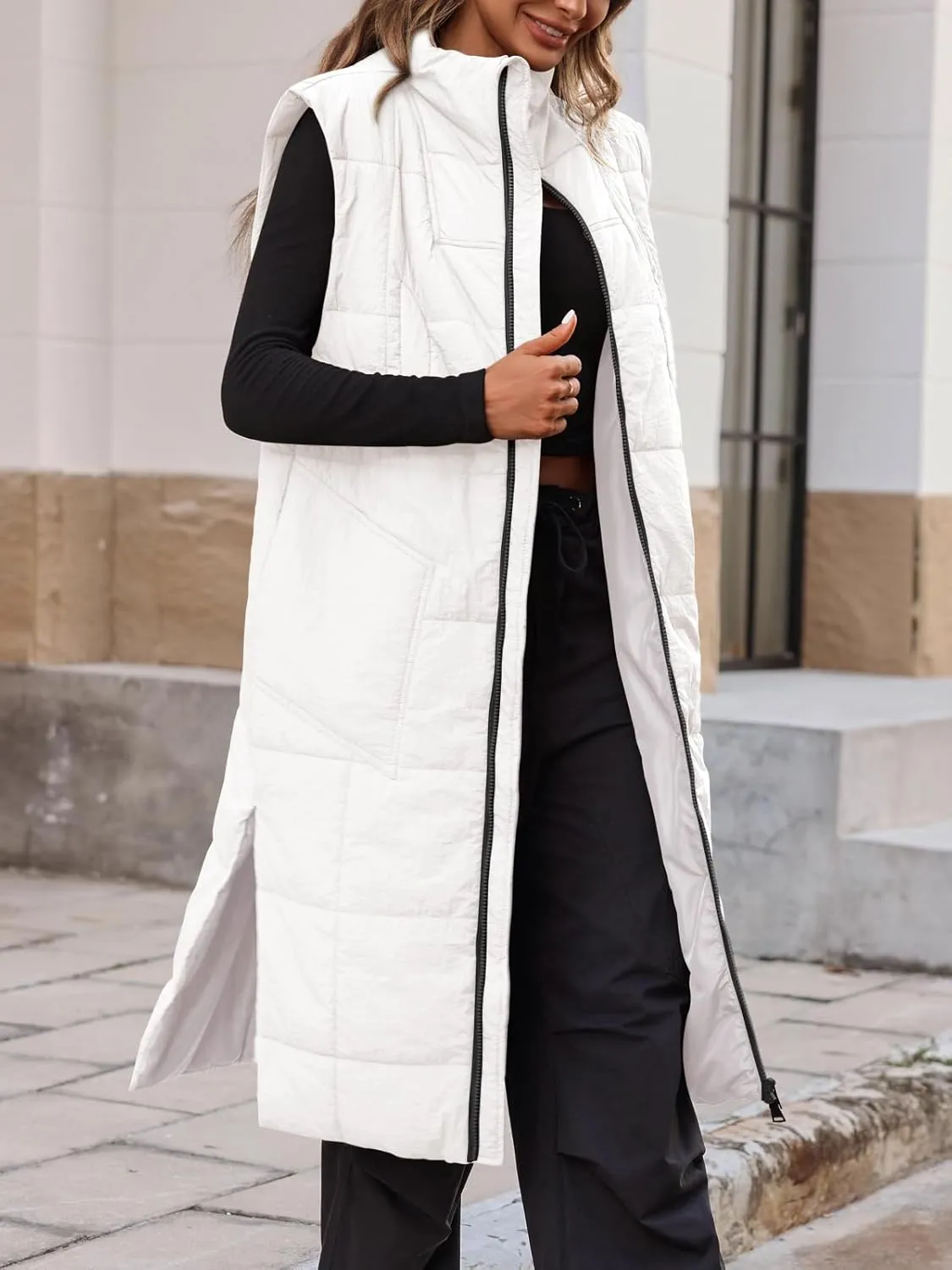 Cicy Bell Womens Long Quilted Puffer Vest Lightweight Sleeveless Winter Jackets Side Slit Packable Coats