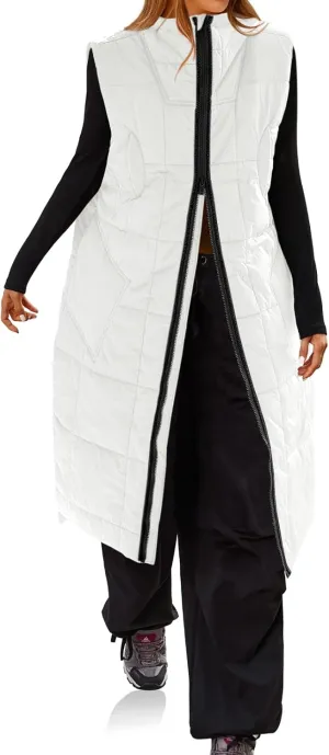 Cicy Bell Womens Long Quilted Puffer Vest Lightweight Sleeveless Winter Jackets Side Slit Packable Coats