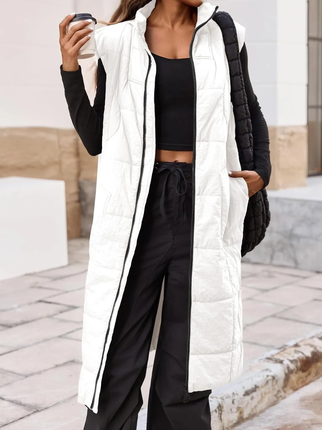 Cicy Bell Womens Long Quilted Puffer Vest Lightweight Sleeveless Winter Jackets Side Slit Packable Coats