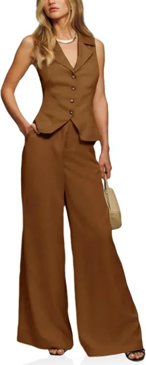 Cicy Bell Womens Vest Sets Summer 2 Piece Outfits Button Crop Blazer Vest and Wide Leg Pant Suits
