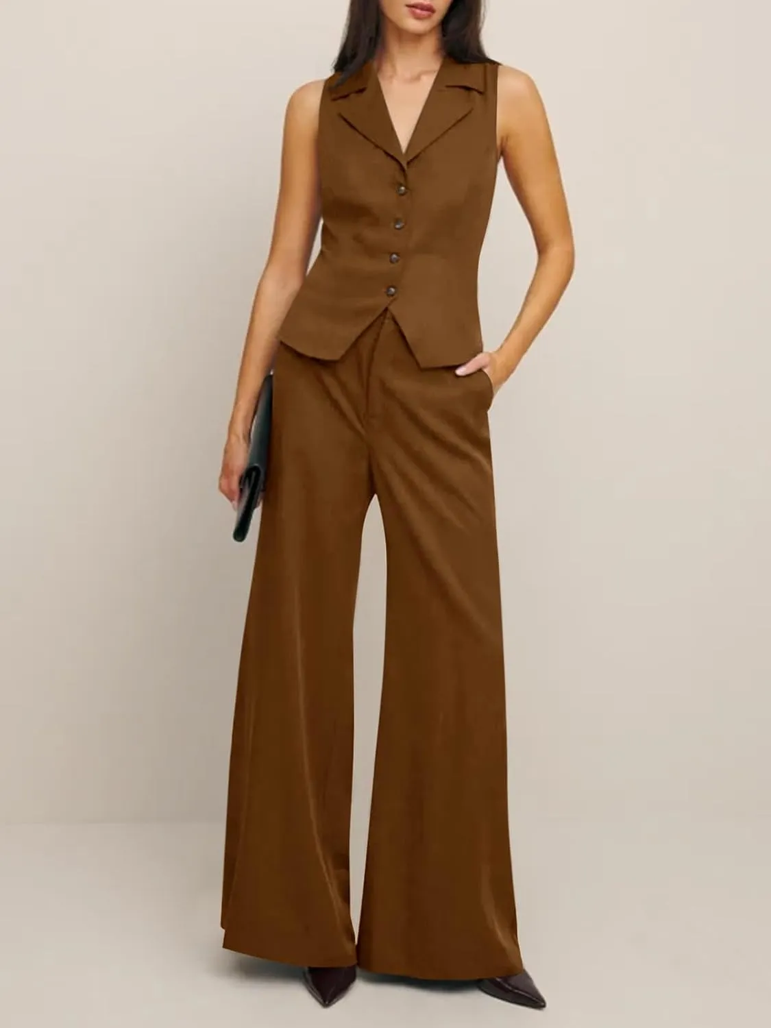 Cicy Bell Womens Vest Sets Summer 2 Piece Outfits Button Crop Blazer Vest and Wide Leg Pant Suits