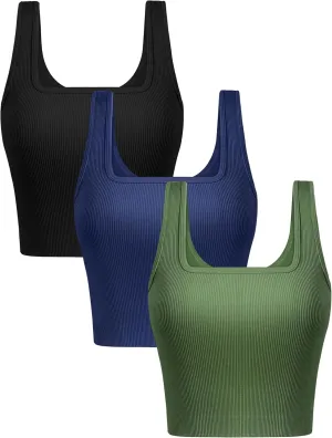 CINGUE Crop Tops for Women Workout Cropped Tank Top Seamless Ribbed Square Neck Crop Top Yoga Exercise Shirts 3 Pack