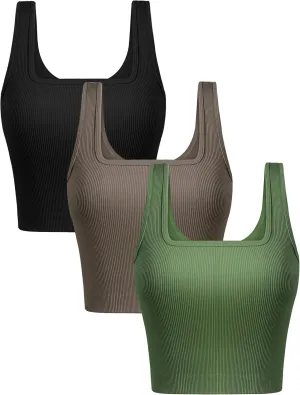 CINGUE Crop Tops for Women Workout Cropped Tank Top Seamless Ribbed Square Neck Crop Top Yoga Exercise Shirts 3 Pack