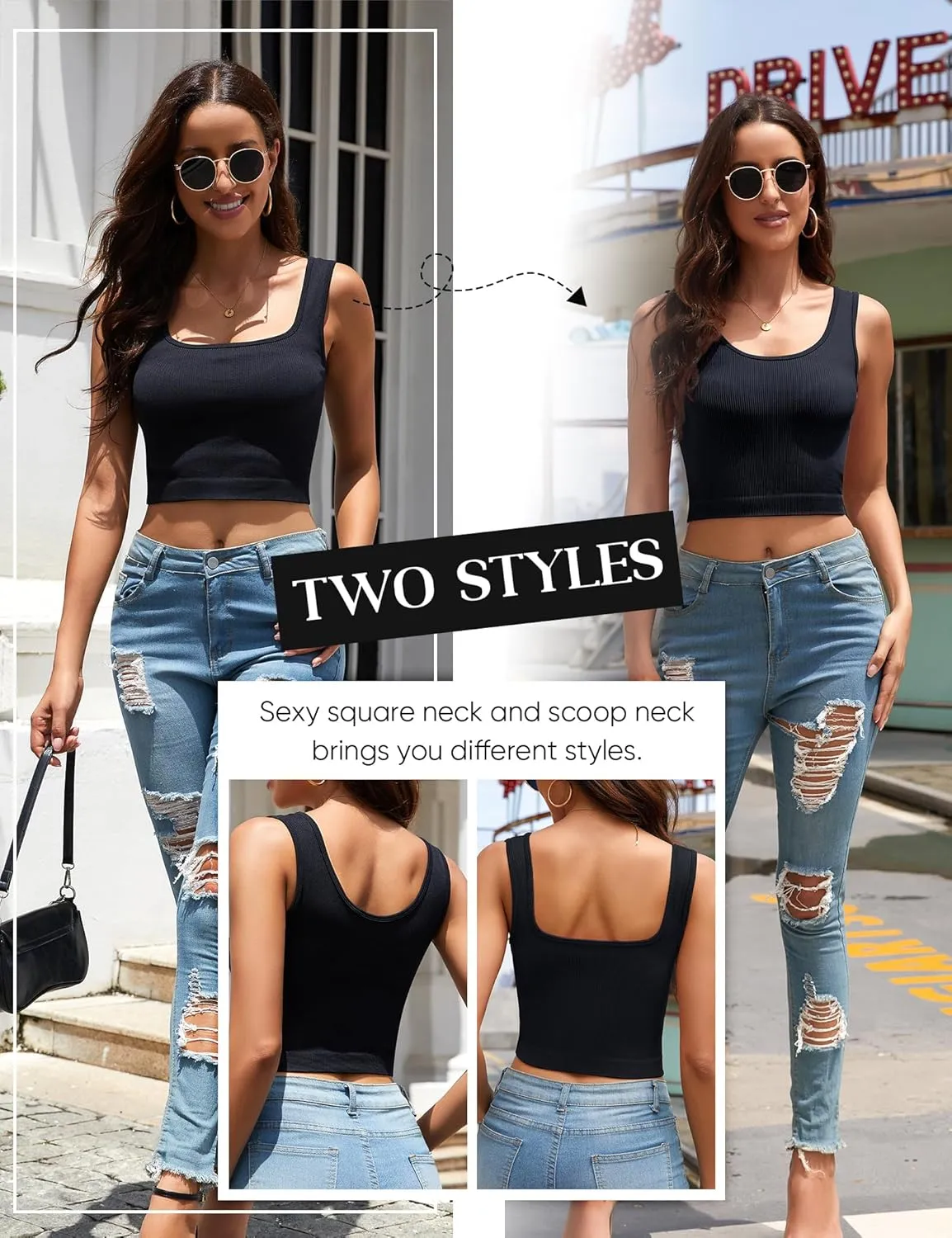 CINGUE Crop Tops for Women Workout Cropped Tank Top Seamless Ribbed Square Neck Crop Top Yoga Exercise Shirts 3 Pack