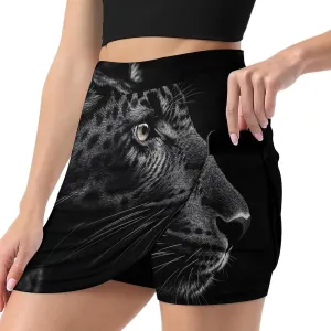 Close-up of Black Leopard Women's Mini Tennis Skirt with Shorts Underneath Athletic Workout Cute Skorts