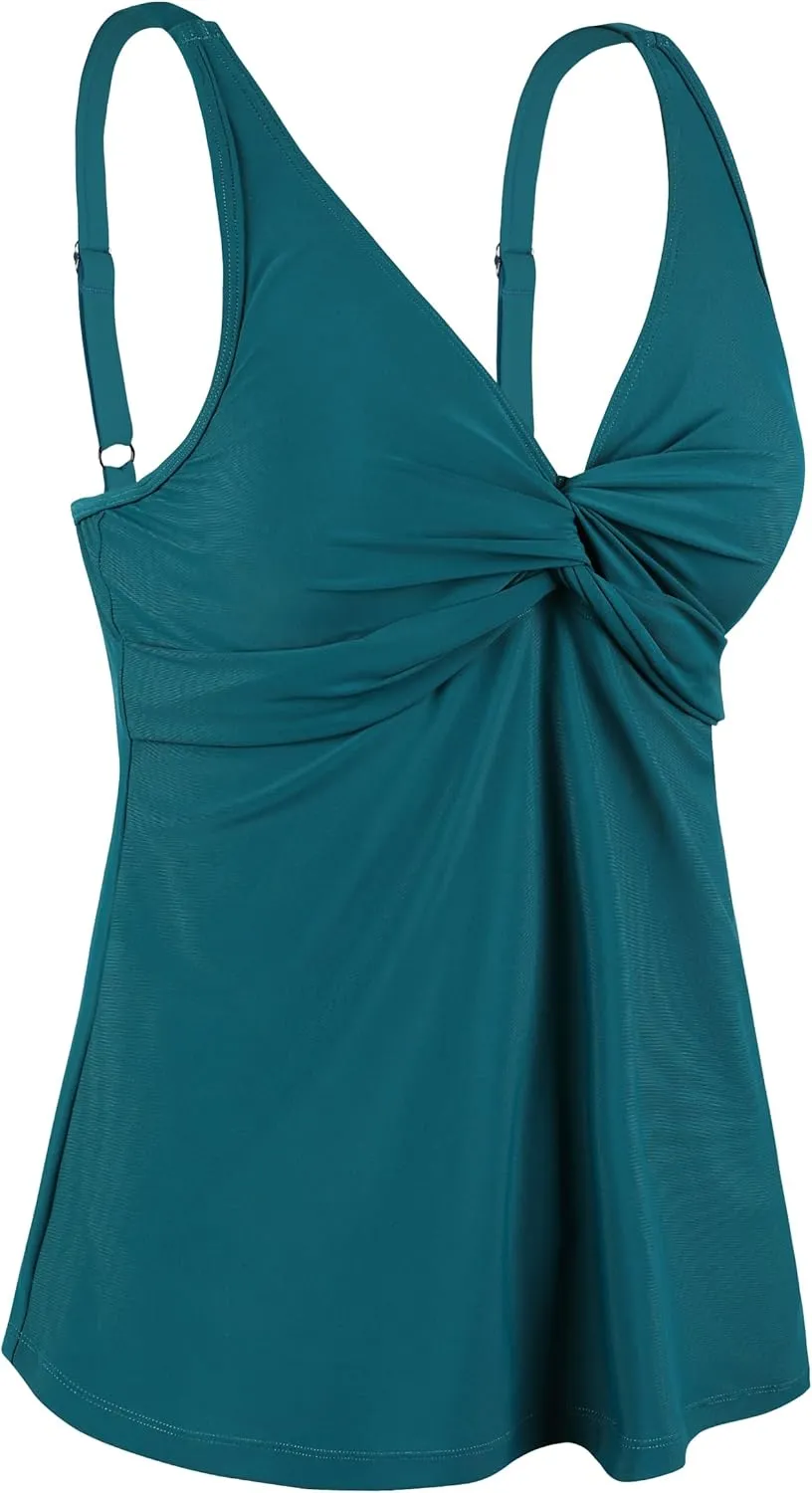 coastal rose Women's Underwire Tankini Top Twist Front V Neck Push Up Swimsuit Top Flowy Bathing Suit Tops Only