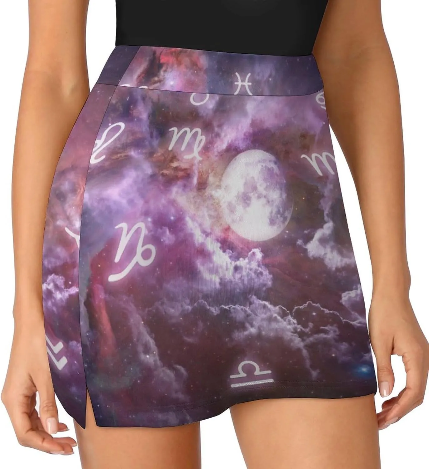 Colorful Zodiac Signs and The Moon Women's Mini Tennis Skirt with Shorts Underneath Athletic Workout Cute Skorts