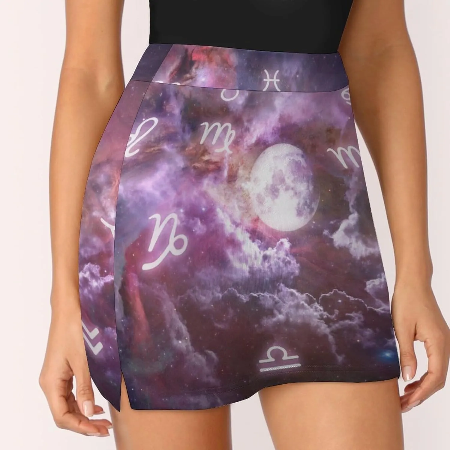 Colorful Zodiac Signs and The Moon Women's Mini Tennis Skirt with Shorts Underneath Athletic Workout Cute Skorts