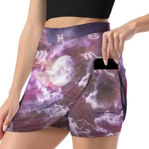 Colorful Zodiac Signs and The Moon Women's Mini Tennis Skirt with Shorts Underneath Athletic Workout Cute Skorts